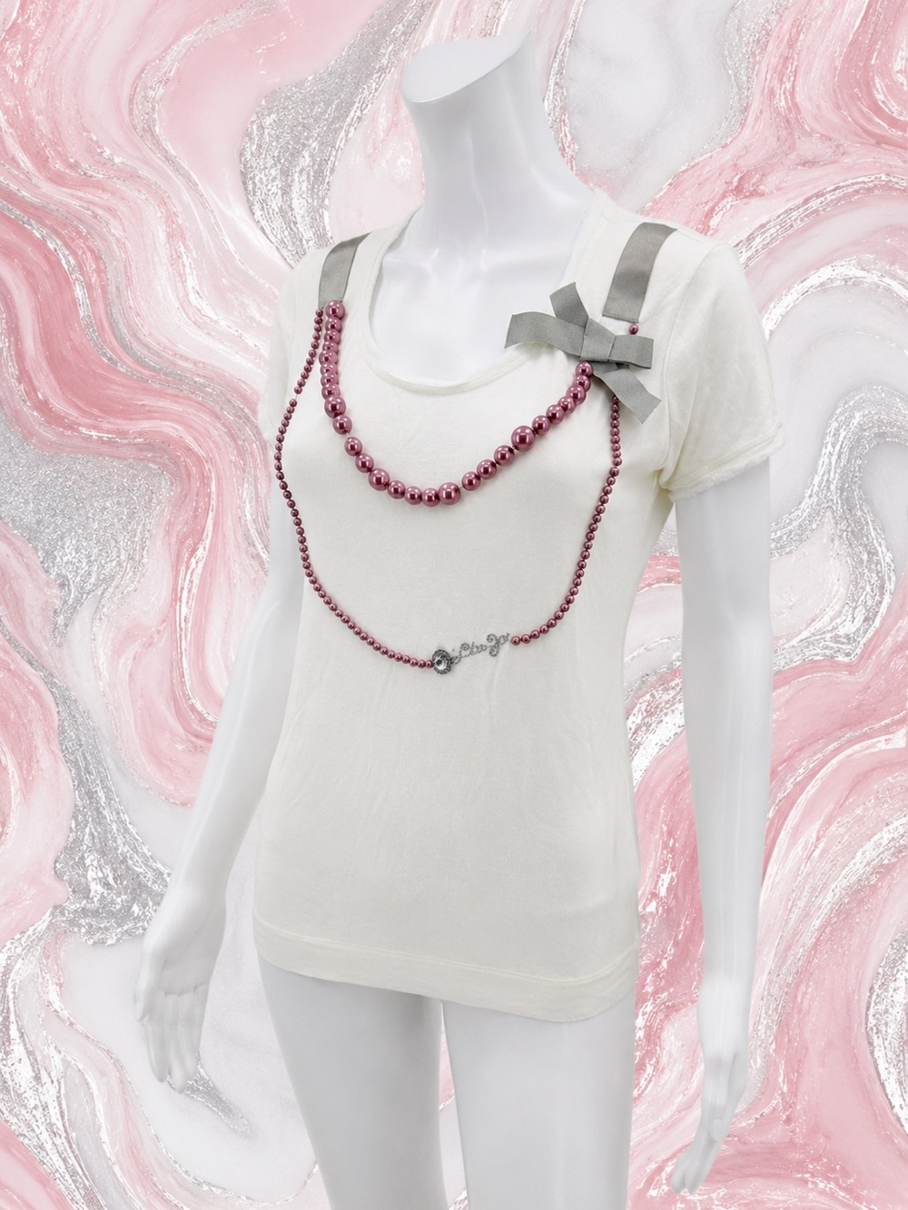 Liu Jo IT 44 White Embellished T-Shirt Pearl Necklace Bow Rhinestone Designer T